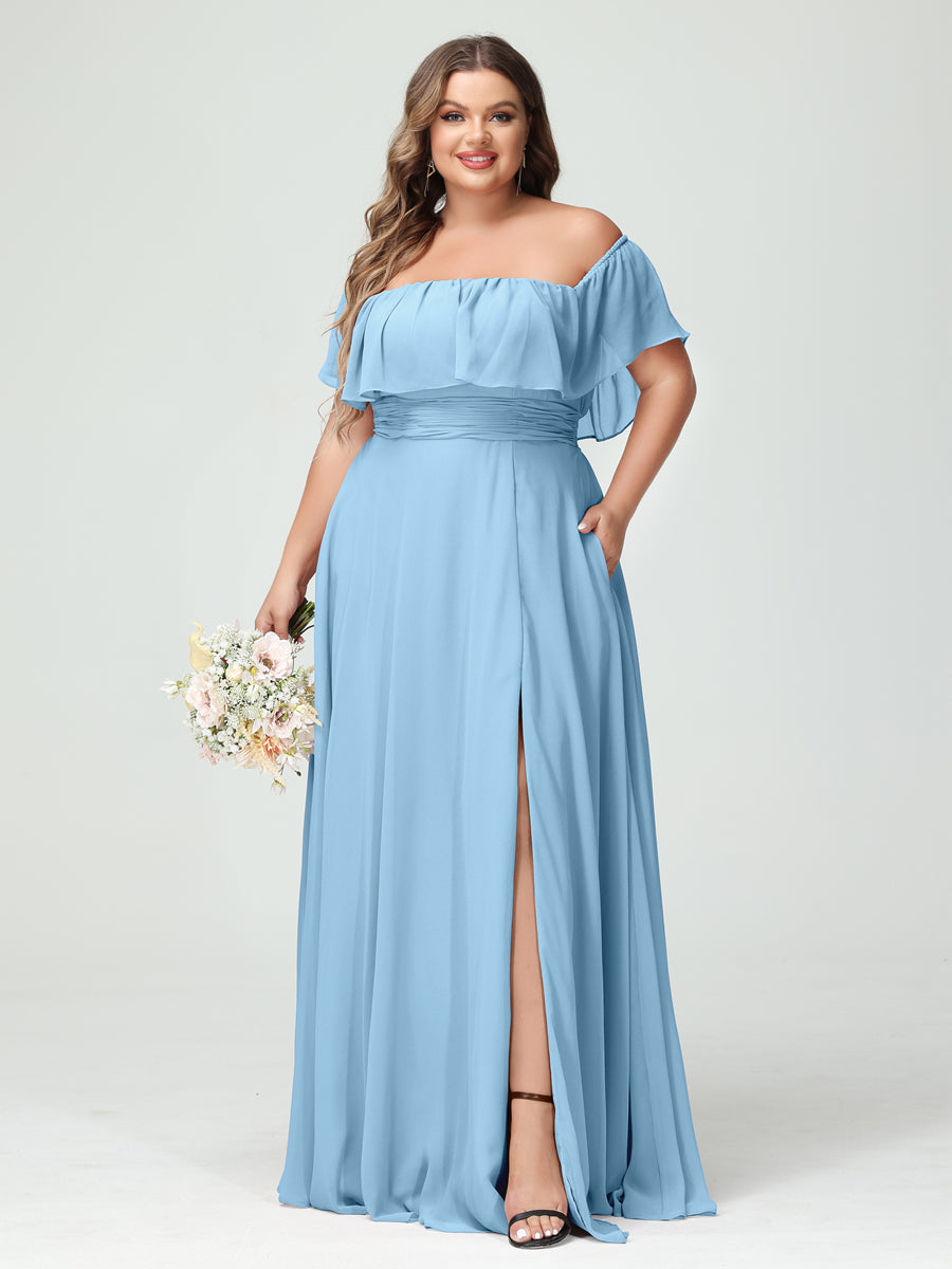 A-Line/Princess Off-the-Shoulder Short Sleeves Chiffon Plus Size Bridesmaid Dresses with Pockets & Split Side