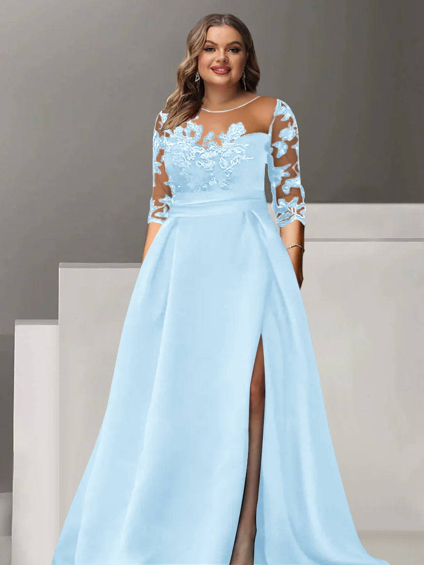 A-Line/Princess Sweetheart 3/4 Sleeves Floor-Length Plus Size Mother Of The Bride Dresses With Lace & Split Side