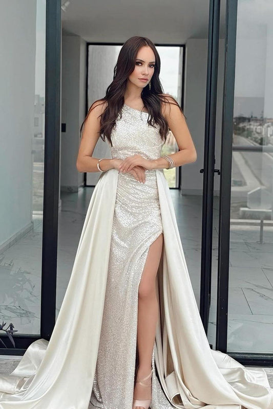 edgynewlook Charming Ivory Sequins Sleeveless One Shoulder Long Prom Dress with Split