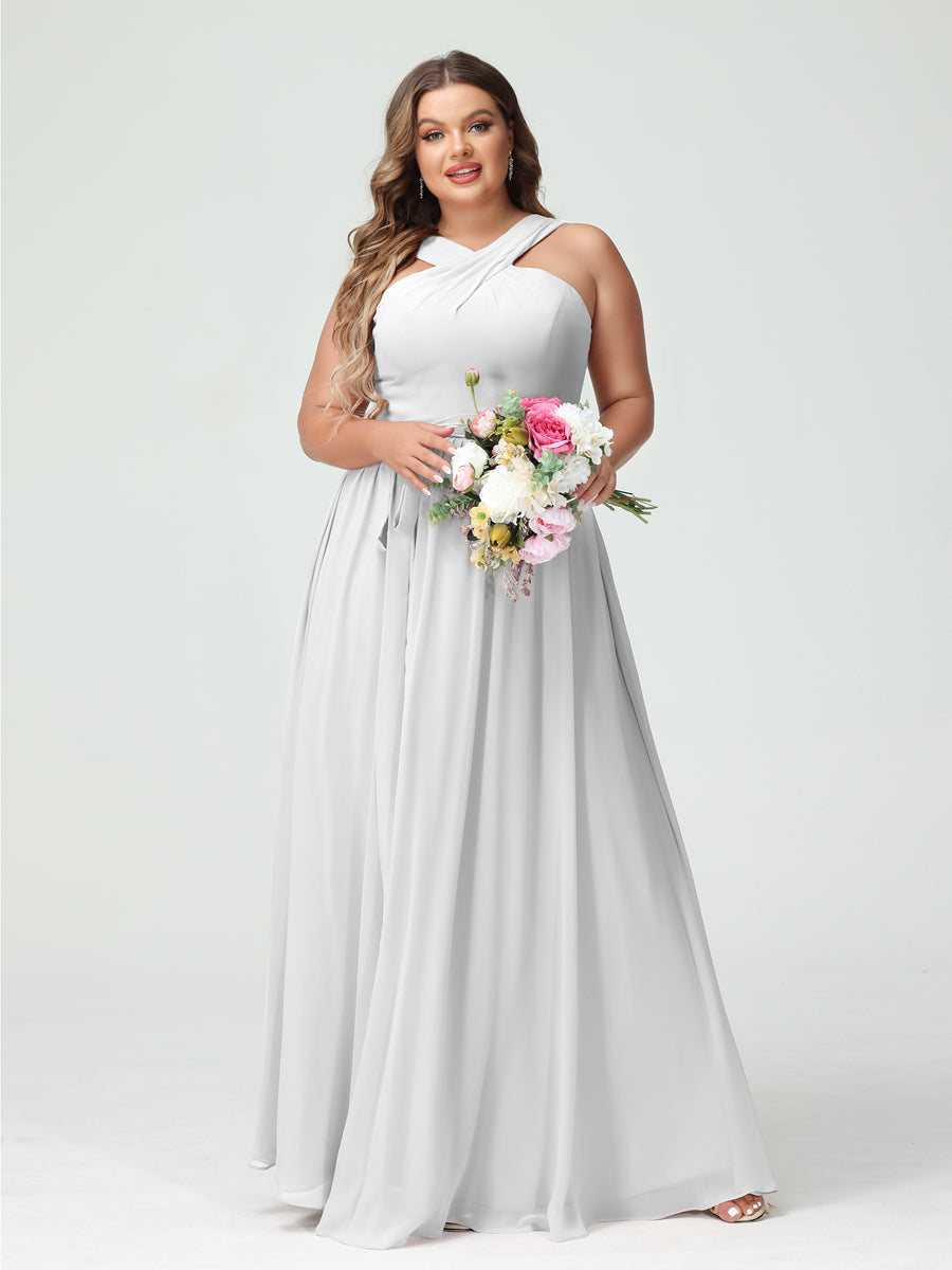 A-Line/Princess/Princess Criss Cross Sleeveless Chiffon Plus Size Bridesmaid Dresses with Sash