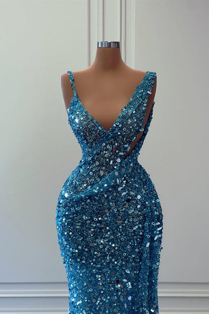 Blue Sleeveless Long Mermaid Sequins Prom Dress ED0243