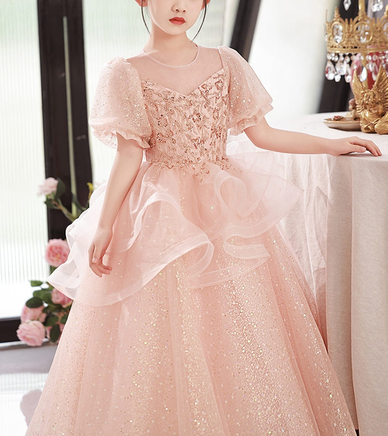 A-Line/Princess Round Neck Short Sleeves Flower Girl Party Dress with Crystal Appliques