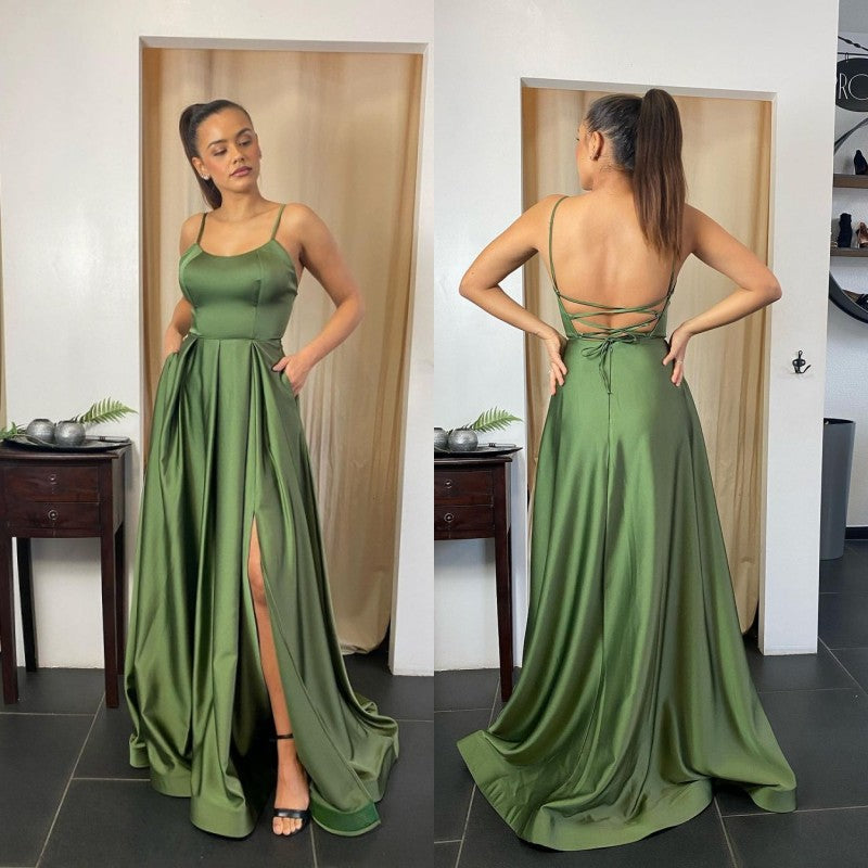 Spaghetti-Straps Prom Dress Long With Pocket PD022