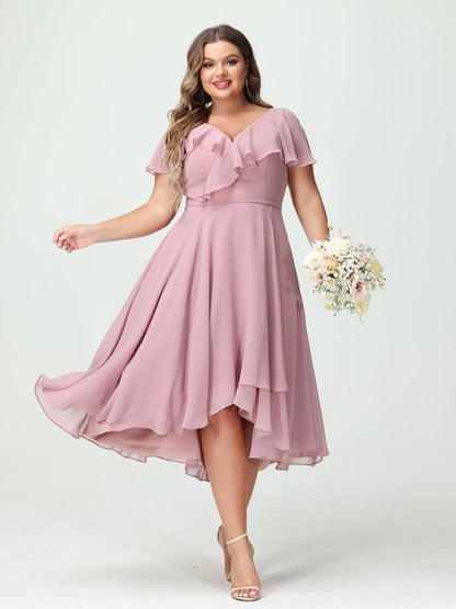 A-Line/Princess V-Neck Short Sleeves Chiffon High-Low Plus Size Bridesmaid Dresses with Pockets & Ruffles