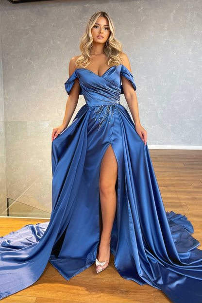 edgynewlook Blue Off-the-Shoulder Split Prom Dress Overskirt With Beadings