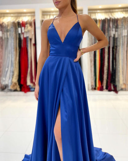 Royal Blue Spaghetti Strap V-Neck Prom Dress With Slit PD037