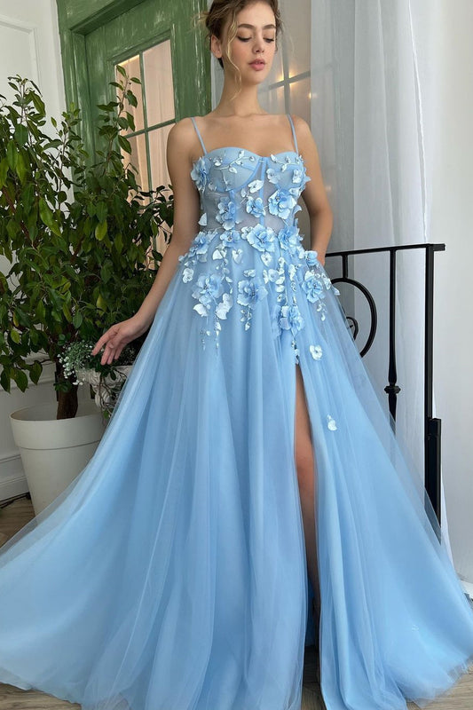 Edgynewlook Baby Blue Sweetheart Flowers Appliques Spaghetti Strap Prom Dress Side Split