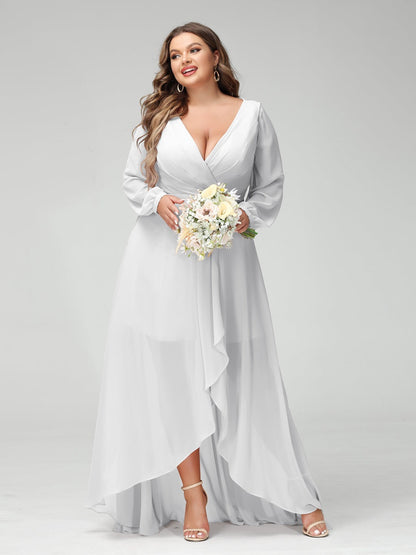 A-Line/Princess V-Neck Long Sleeves Asymmetrical Plus Size Bridesmaid Dresses with Pockets