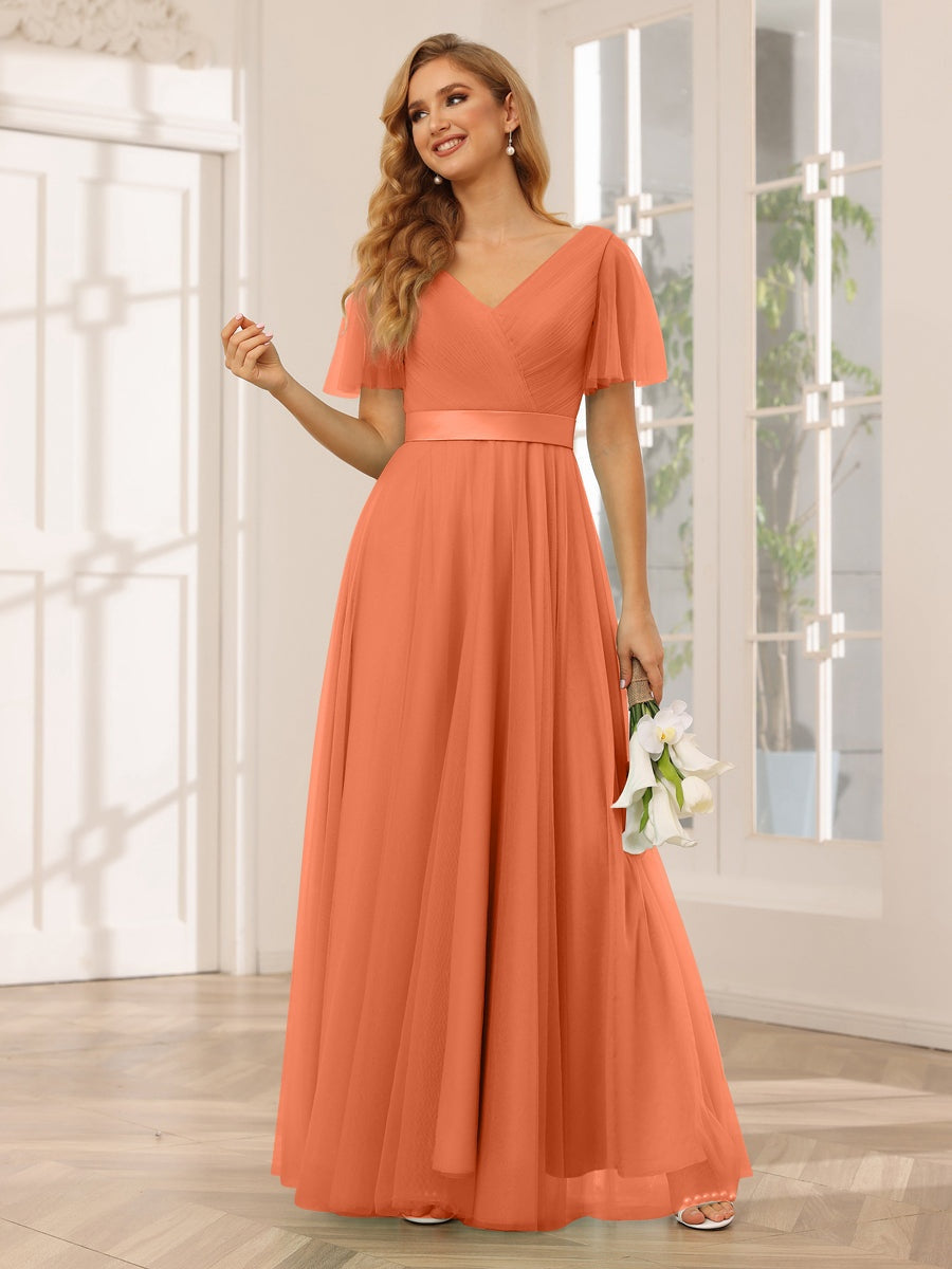 A-Line/Princess V-Neck Short Sleeves Floor-Length Long Bridesmaid Dresses with Lace