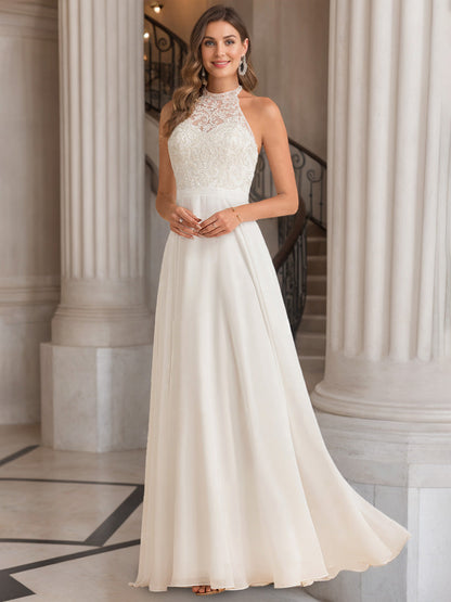 A Line/Princess Halter Neck Sleeveless Floor-Length Wedding Dress with Lace Embroidery