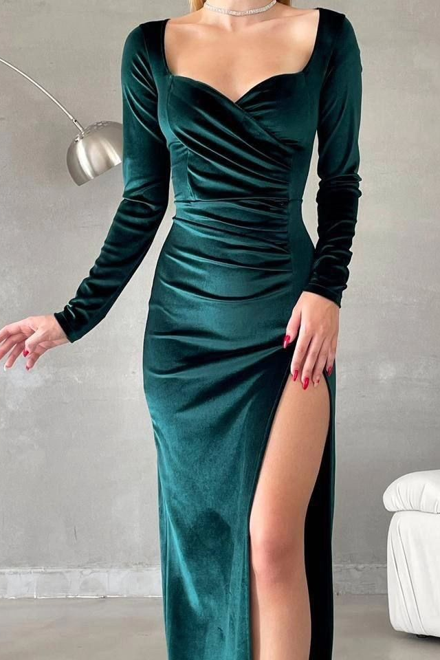 edgynewlook Stunning Regency Velvet Long Sleeves V Neck Long Prom Dress with High Split