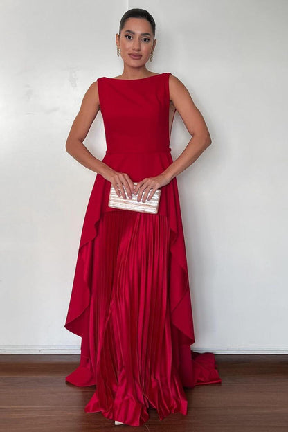 edgynewlook Exquisite Red Chiffon Sleeveless High Waist Pleated Long Prom Dress with Belt