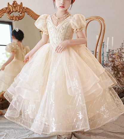 Ball Gown Beading Round Neck Short Sleeves Flower Girl Lace Dress with Rhinestones