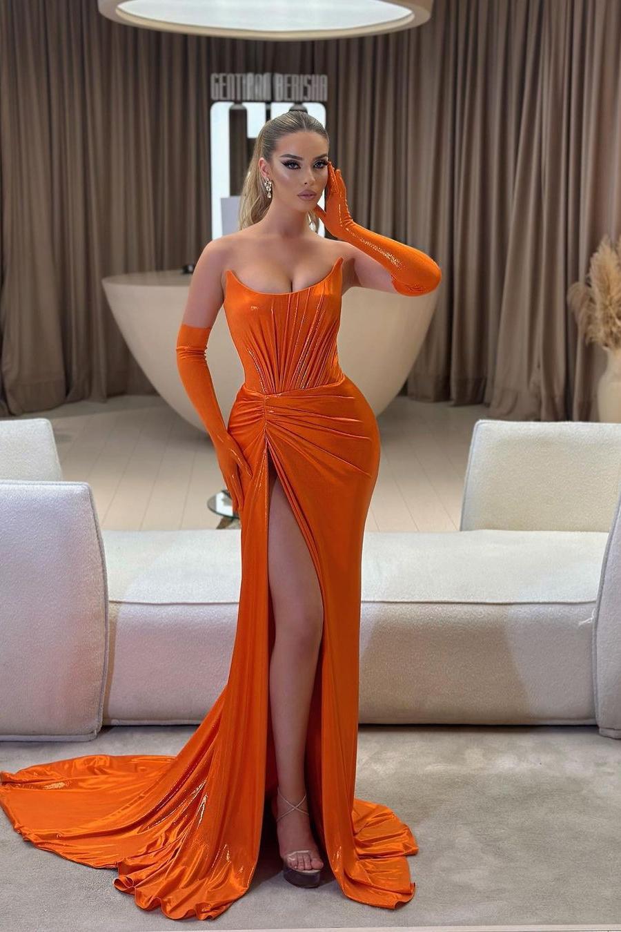 edgynewlook Stunning Orange Strapless Sleeveless High Split Slim Prom Dress with Gloves