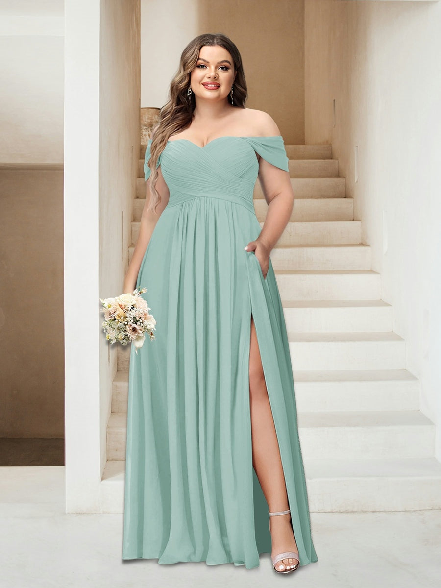 A-Line/Princess Off-the-Shoulder Sleeveless Chiffon Plus Size Bridesmaid Dresses with Pockets