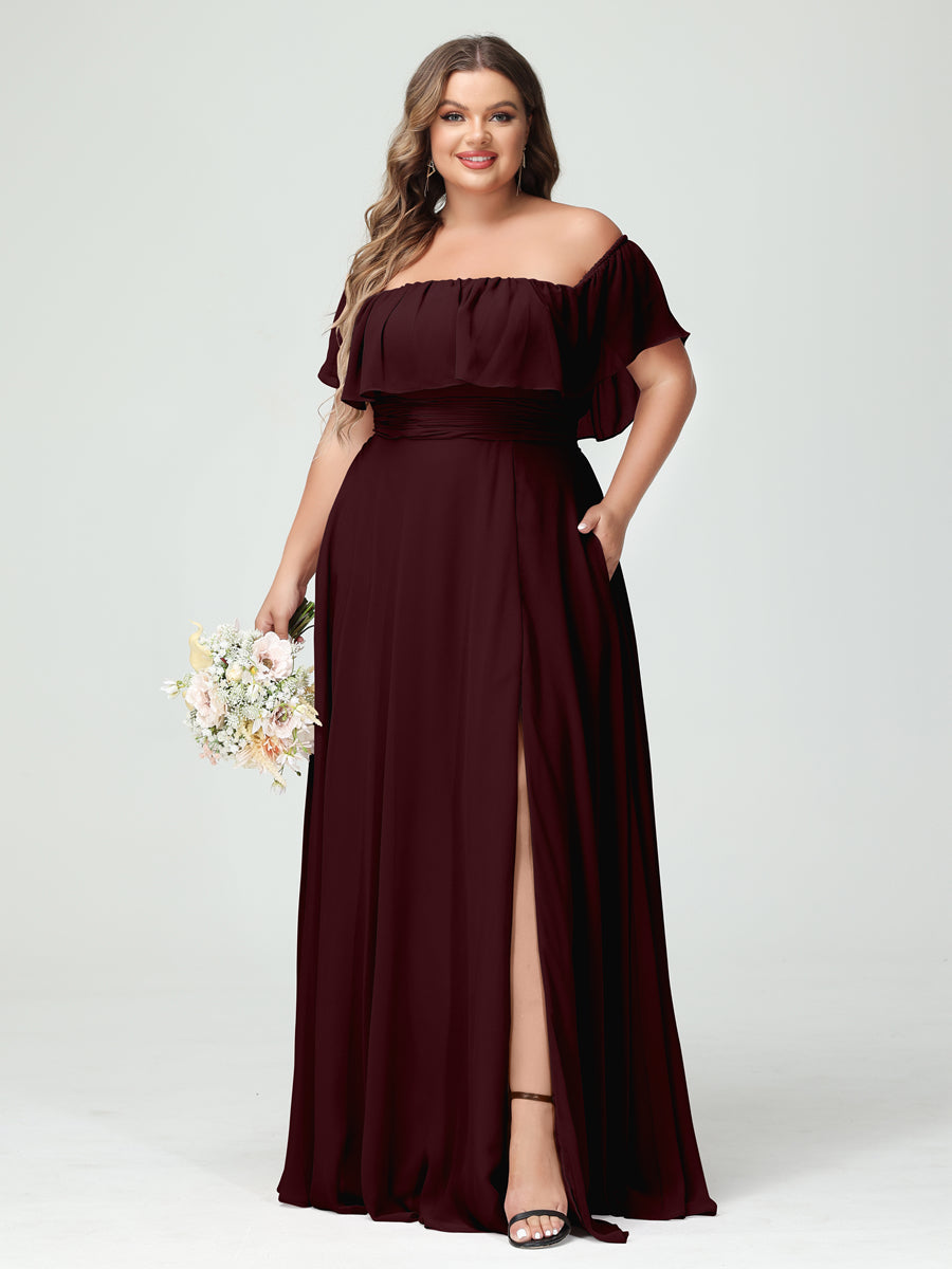 A-Line/Princess Off-the-Shoulder Short Sleeves Chiffon Plus Size Bridesmaid Dresses with Pockets & Split Side