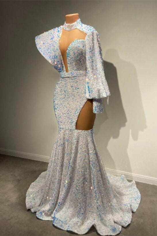 High Neck Long Sleeves Mermaid Prom Dress With Sequins PD0780