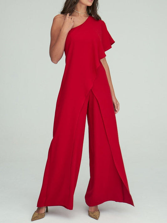 Jumpsuit/Pantsuit 1/2 Sleeves One-Shoulder Floor-Length Wedding Guest Dresses