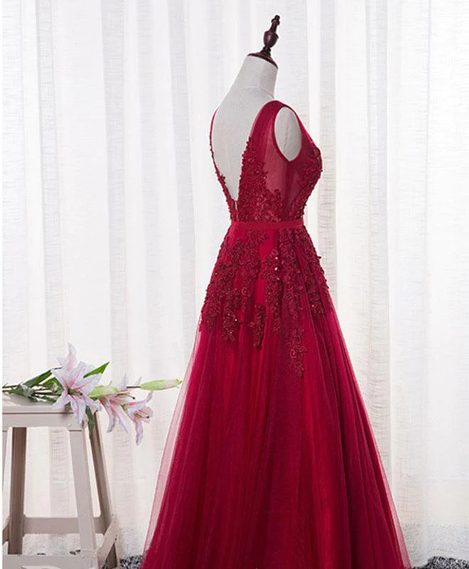 Charming Wine Red Bridesmaid Dress, Lace V-Neckline Party Gown gh541