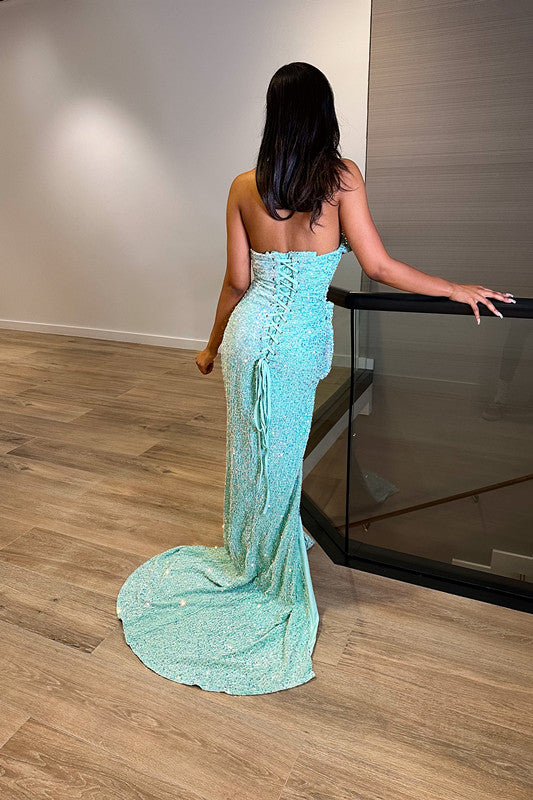 edgynewlook Blue Sequins Sleeveless Sweetheart Mermaid Princess Prom Dress With Split Trumpet