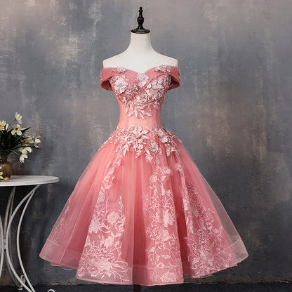 Pink lace short A line prom dress homecoming dress  8915