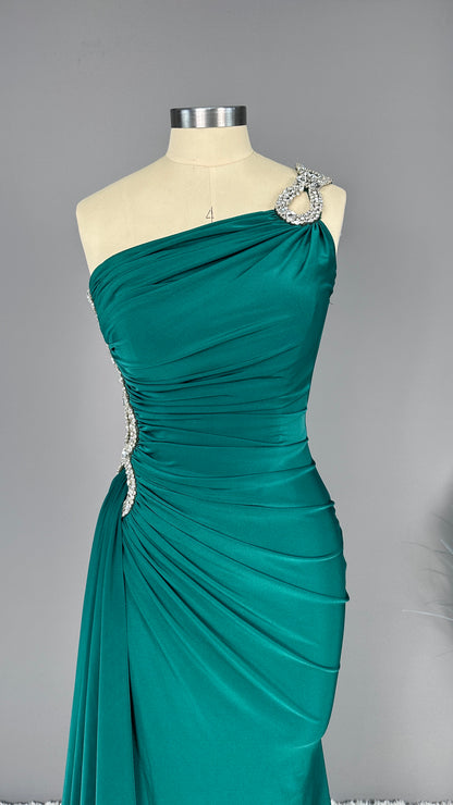 Okdais Prom Dress Long Emerald Green Sleeveless One Shoulder Appliques YL0298