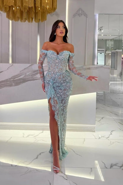 Elegant Sweetheart Lace Split Strapless Prom Dress With Long Sleeves ZT0219