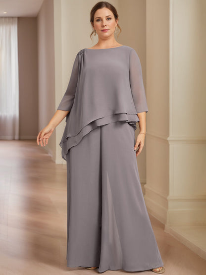 Chiffon 2 Pieces Scoop 3/4 Length Sleeves Floor-Length Plus Size Mother of the Bride Dresses with Beading