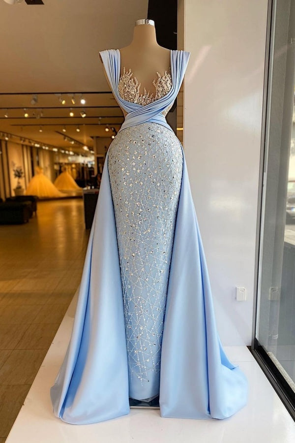 Lovely Luxurious Baby Blue Appliques Neckline Sequins Prom Dress With Long Skirt ZT0152