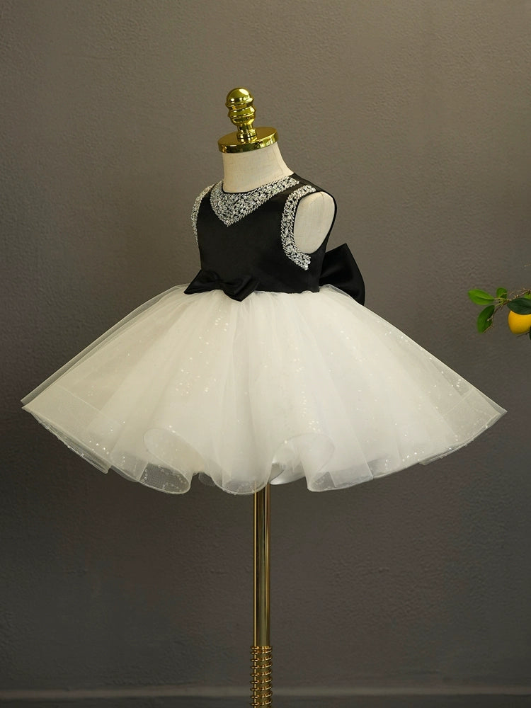 Ball Gown Sleeveless Knee-Length Baby Girl Party Dress with Bow & Rhinestones