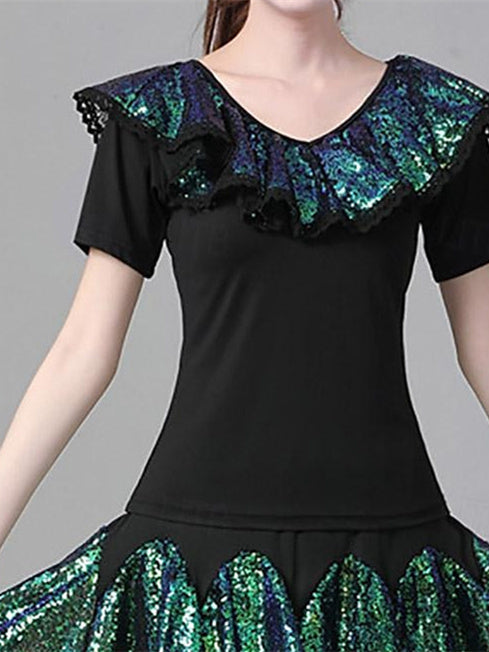 Women's Latin Dance Ballroom Dance  Short Sleeve High Polyester Splicing Tulle Women's Performance