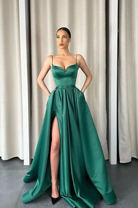 Dark Green Spaghetti-Straps V-Neck Long A-Line Prom Dress With Split ED0070