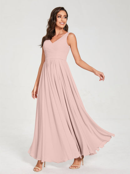 A-Line/Princess Chiffon V-Neck Sleeveless Floor-Length Bridemaid Dresses With Pleats