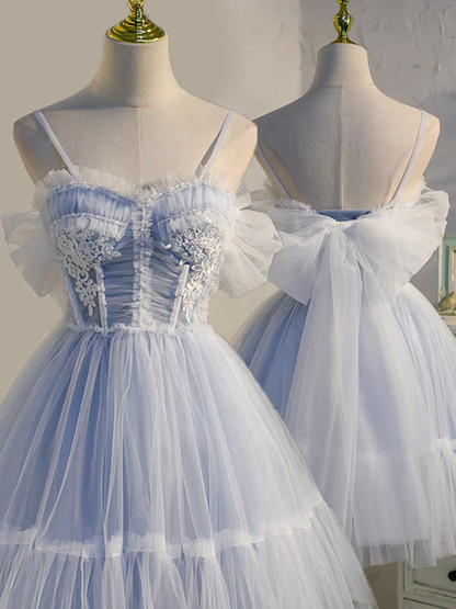 Adorable Light Blue Tulle Sweetheart Straps Party Dress With Lace, Short Tulle Prom Dresses gh53