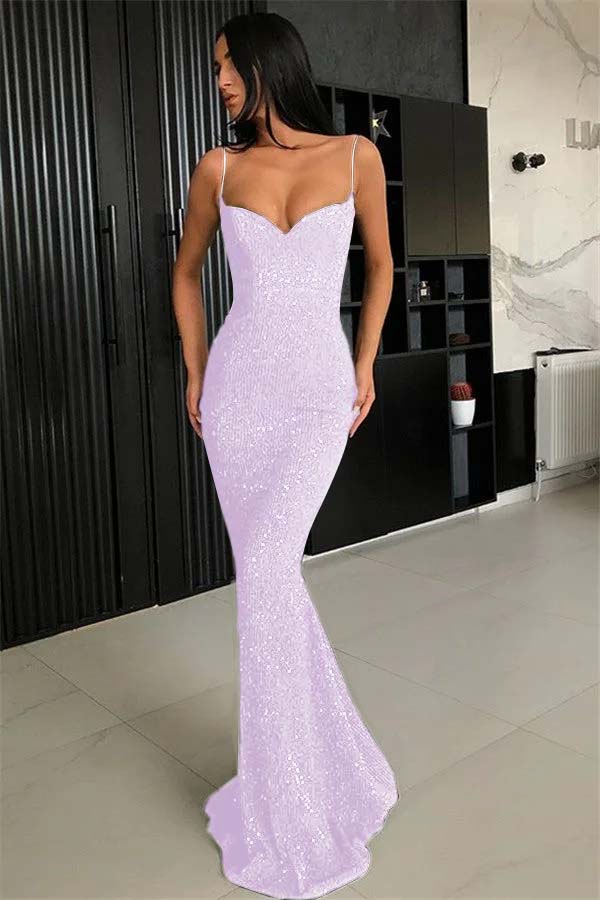 Elegant Black Spaghetti-Straps Mermaid Prom Dress With Sequins ED0485