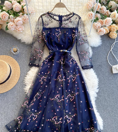 Blue lace short A line dress fashion girl dress  797