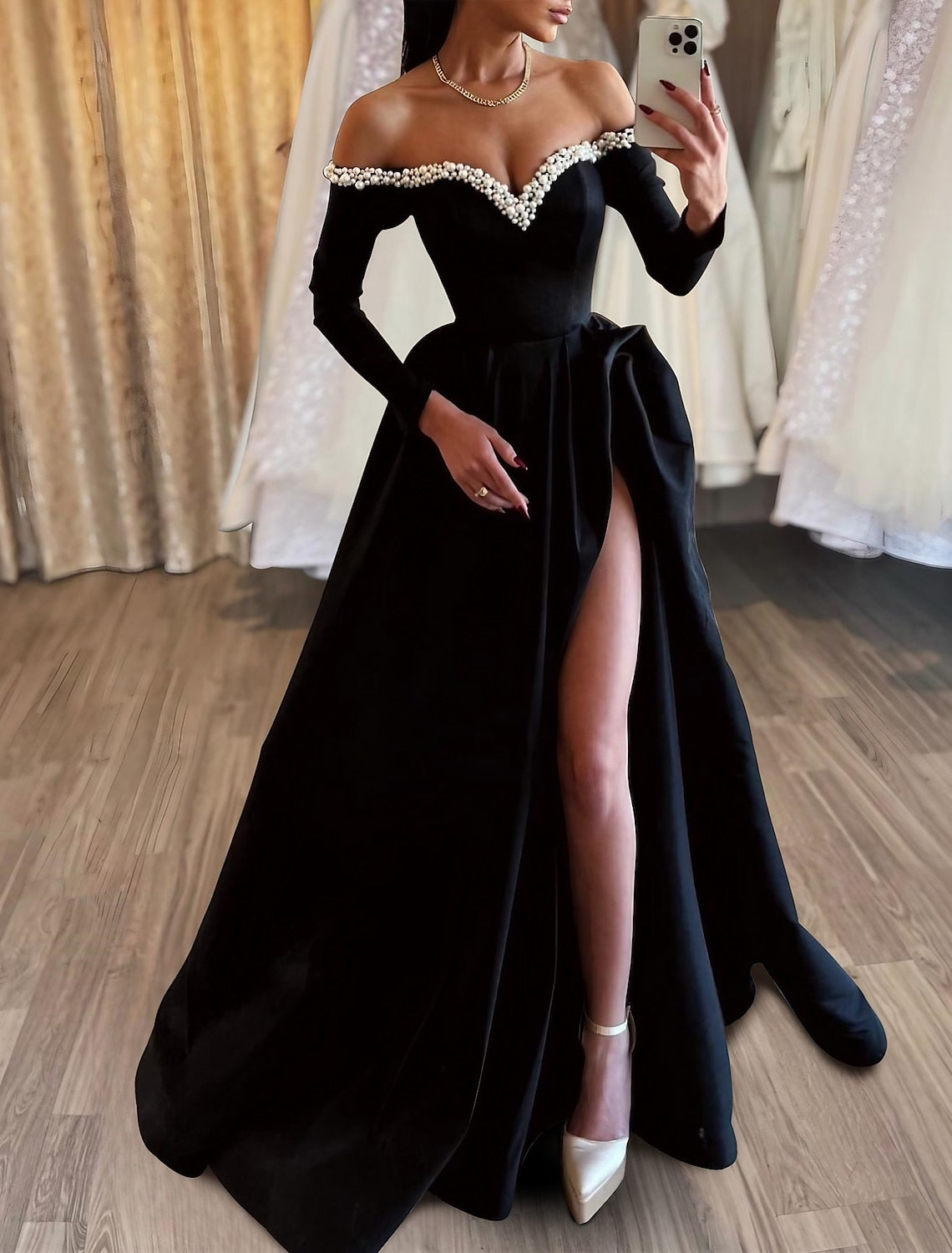 Black Prom Dress Long A Line Pleated High Slit YH0039