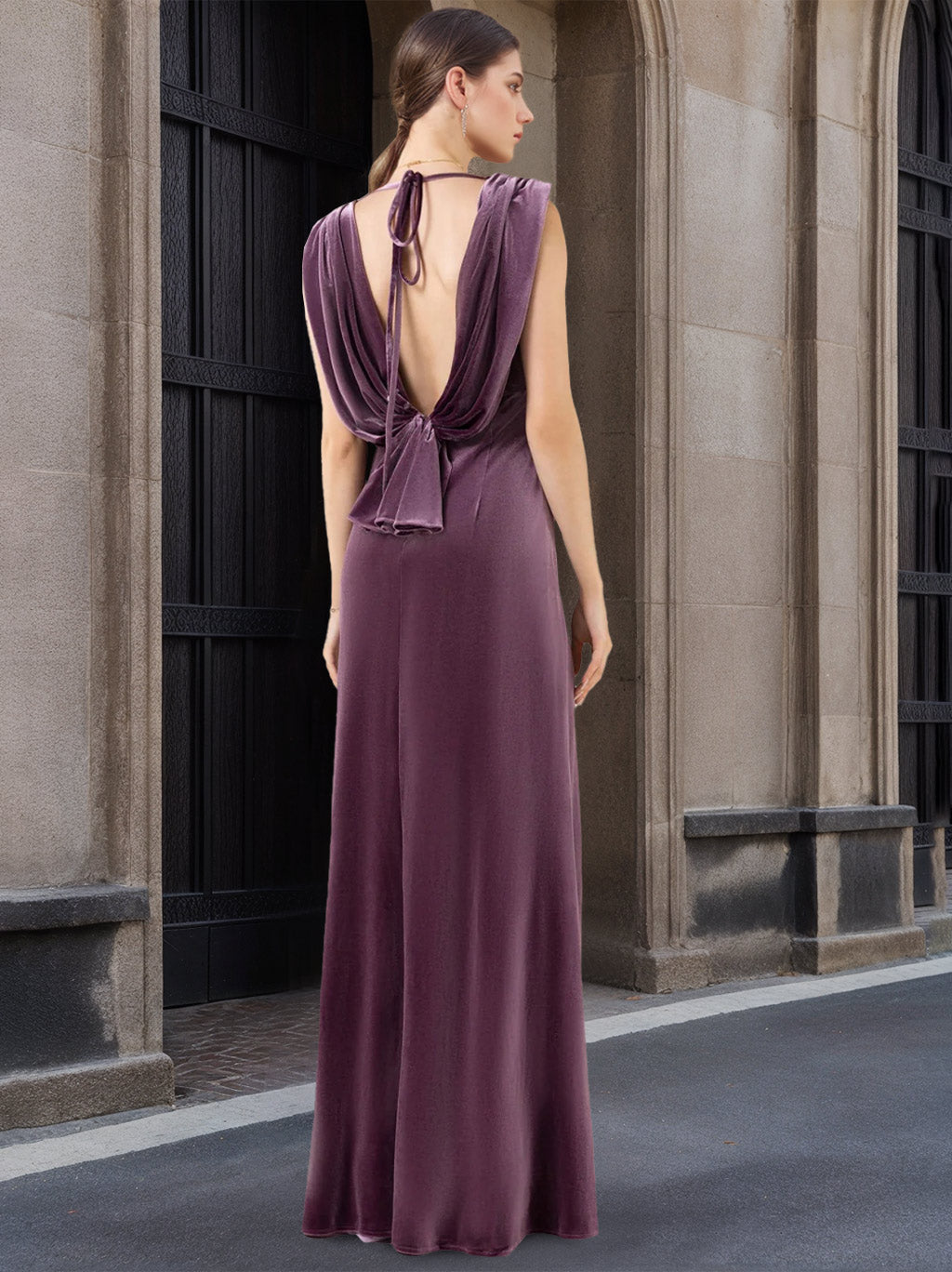 A Line/Princess V-Neck Sleeveless Floor-Length Velvet  Bridesmaid Dresses with Ruffles