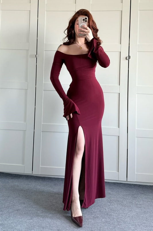 Burgundy Slim Fit Off-The-Shoulder Long Sleeves Prom Dress With Split ZT0490