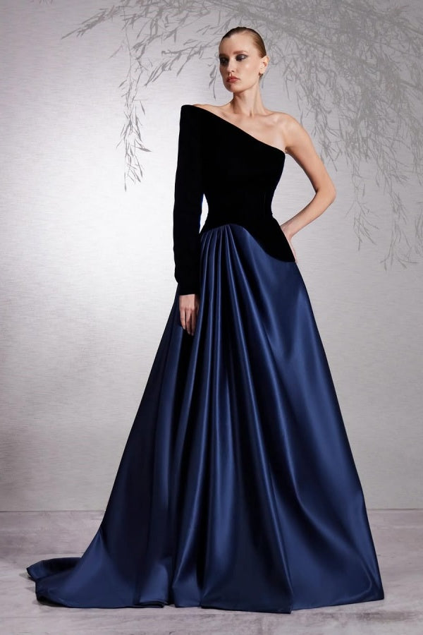 Black Dark Navy One Sleeve Strapless Prom Dress ZT0465