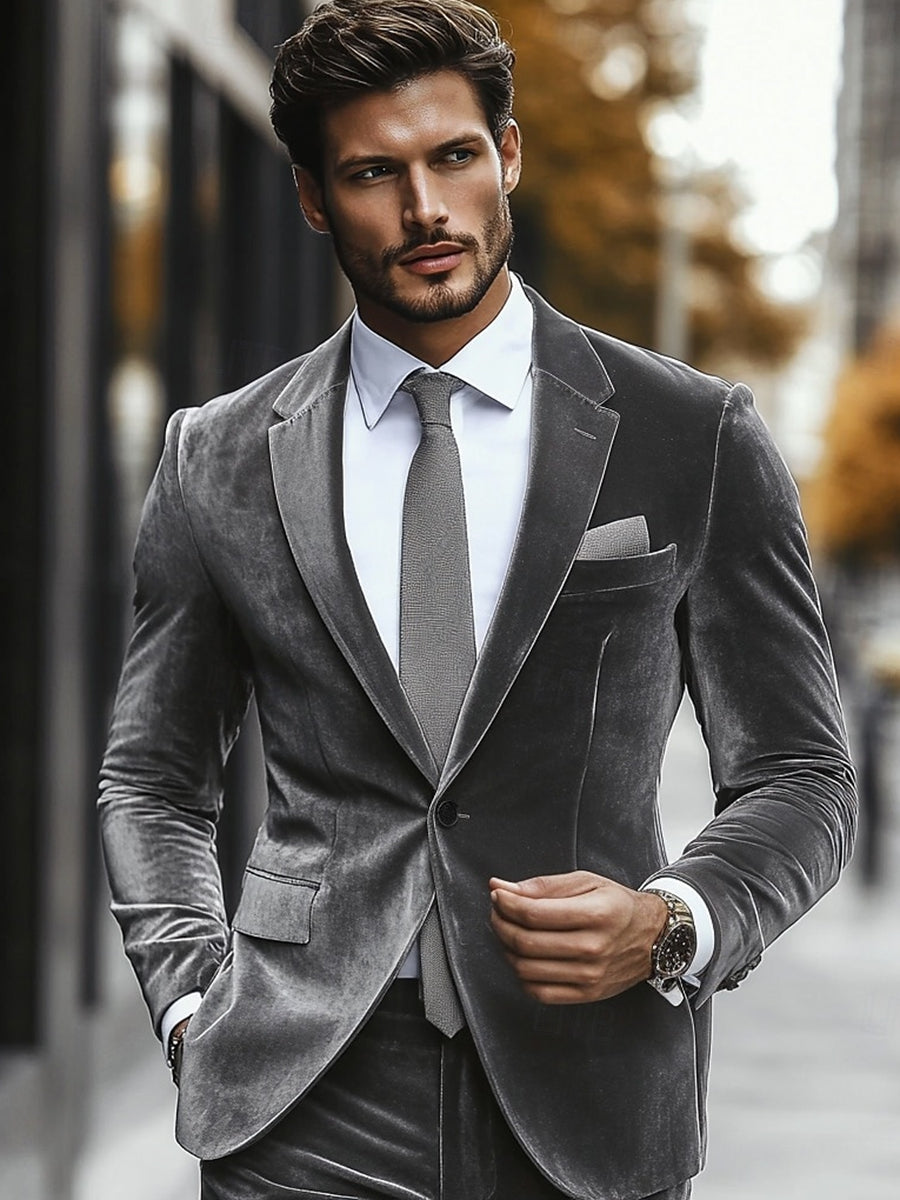 Gray Men's Velvet Single Breasted One-Button Wedding Casual Suits