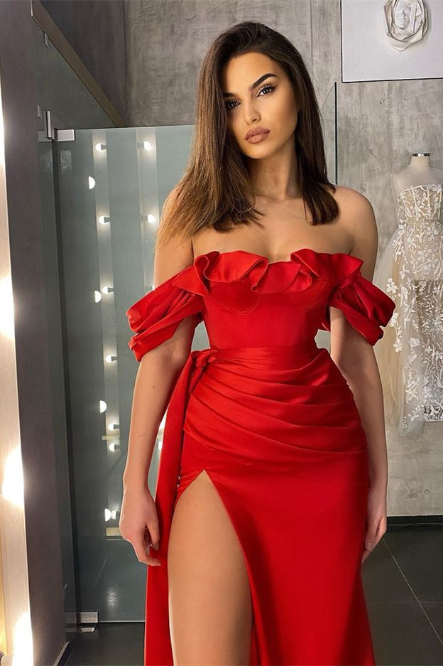 Red Off-the-Shoulder Prom Dress Slit Long With Ruffles PD0568