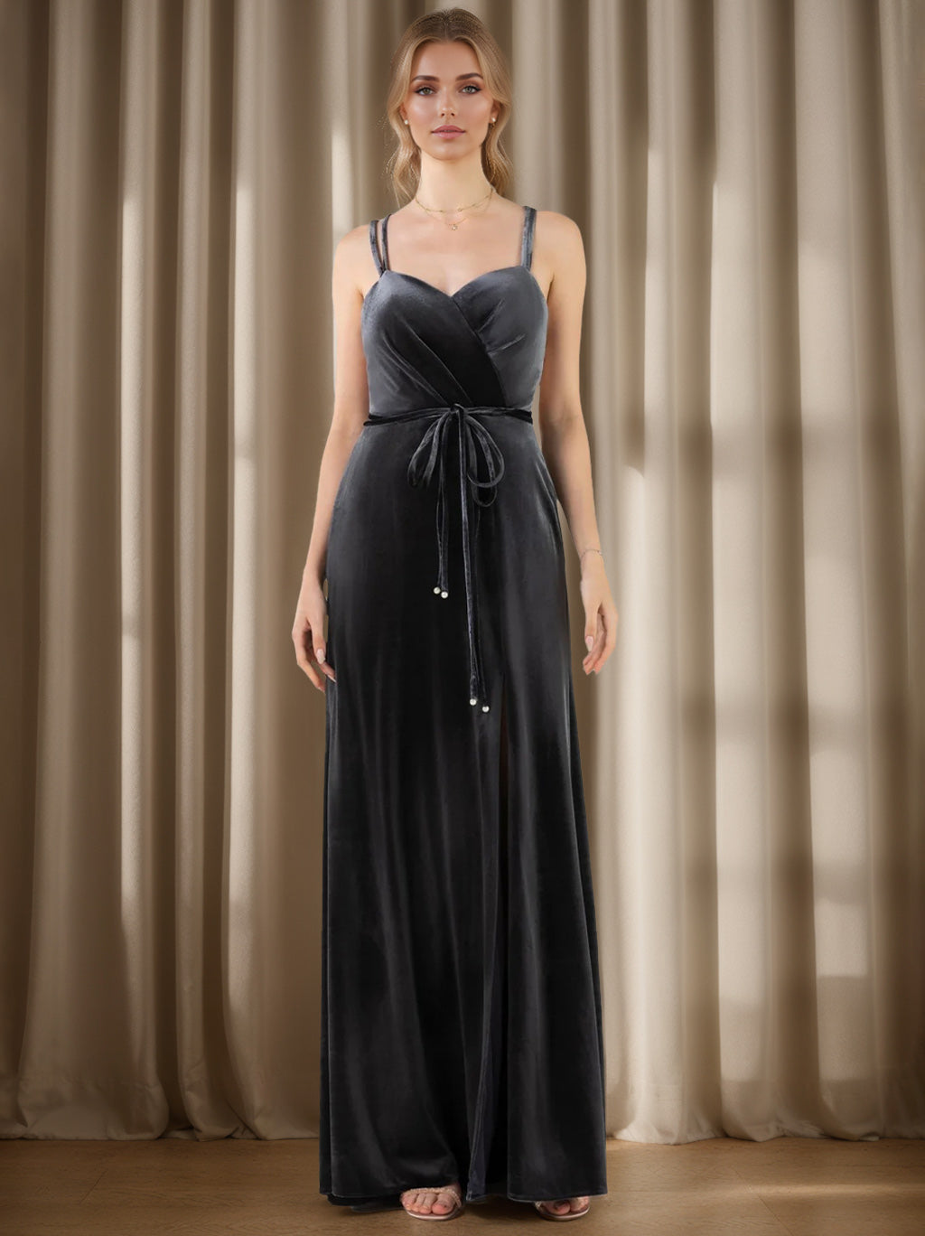 A Line/Princess Square Sleeveless Floor-Length Velvet Bridesmaid Dresses with Ruffles