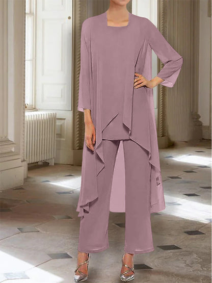 Chiffon Round Neck 3/4 Length Sleeves Ankle-Length Mother of the Bride Pantsuits with Jacket