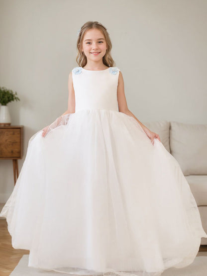 Ball-Gown/Princess 3d Flower Tulle Floor-length Ivory Flower Girl Dress