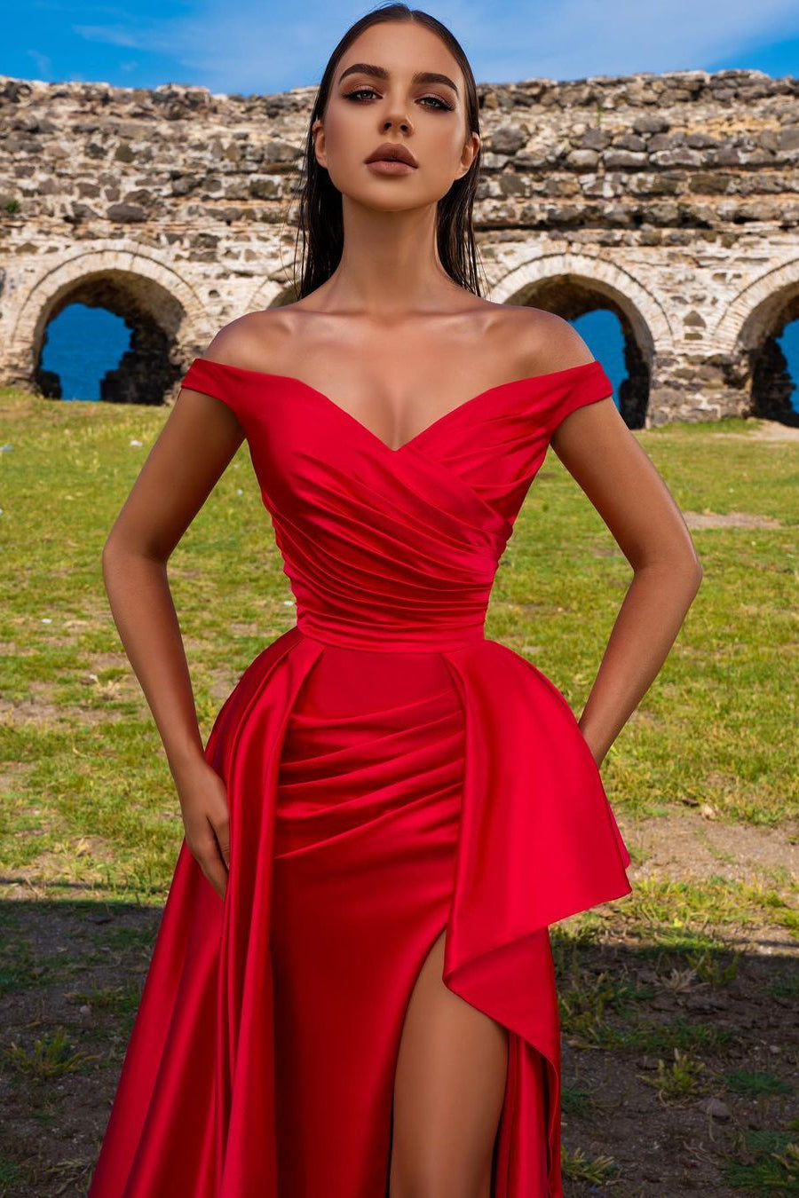 Red Off-The-Shoulder Mermaid Prom Dress With Split PD0609