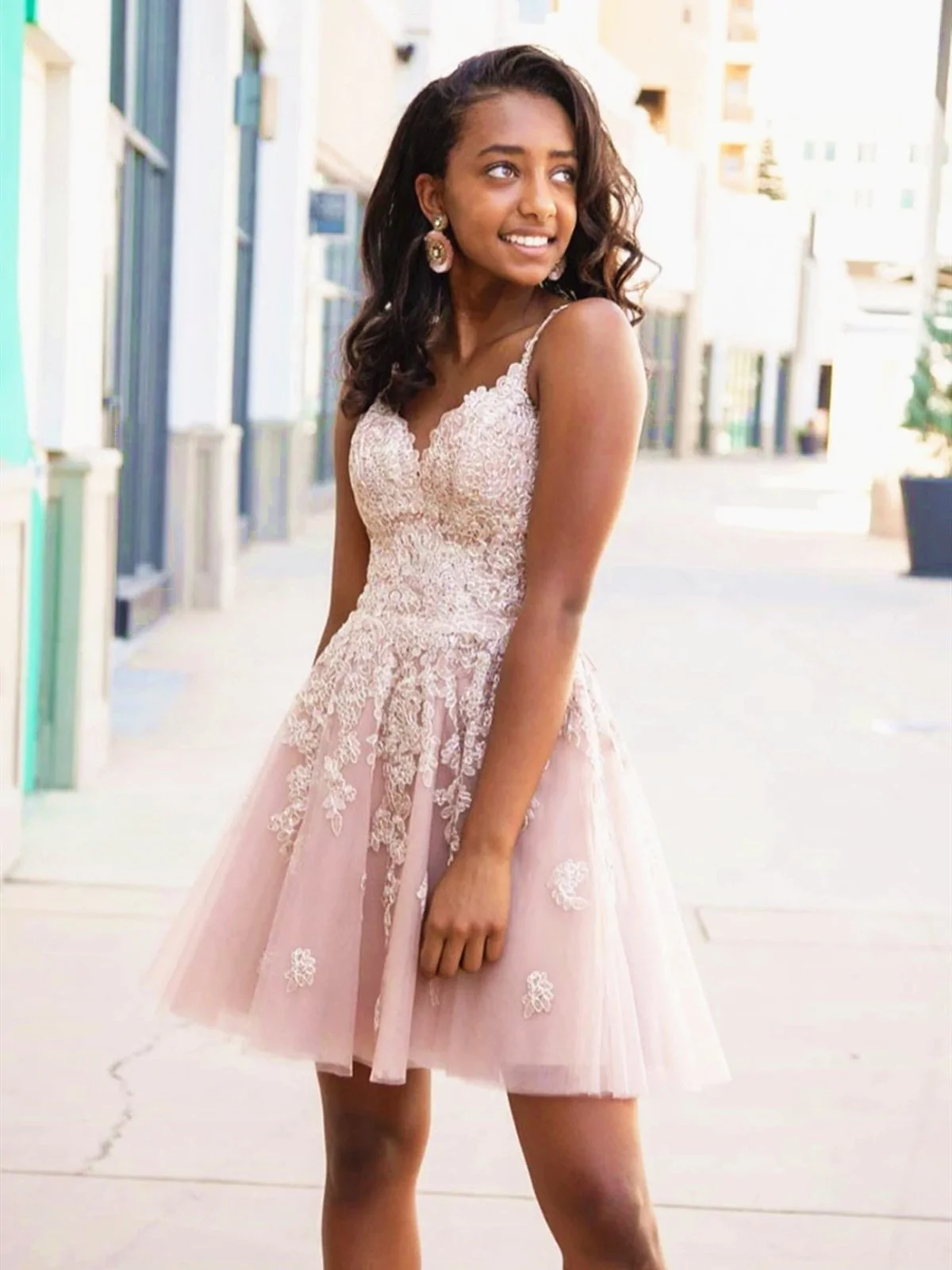 A Line V Neck Short Pink Lace Prom Dresses, Short Pink Lace Formal Homecoming Dresses  gh1616