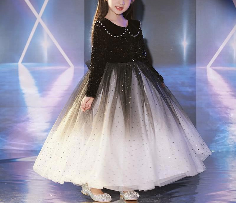 Beading Lapel Long Sleeves Princess Flower Girl Party Dress with Crystals