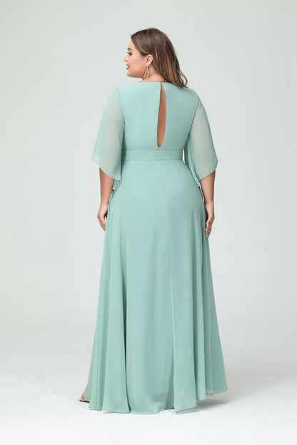 A-Line/Princess/Princess V-Neck Long Sleeves Chiffon Plus Size Bridesmaid Dresses With Pockets Belt & Split Side