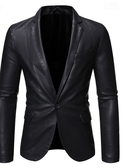 Black Men's PU Leather Blazer Office Work Solid Color Jacket